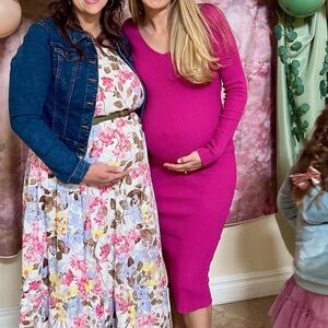 Elegant Pink Long Sleeve Ribbed Maternity Dress Size Small